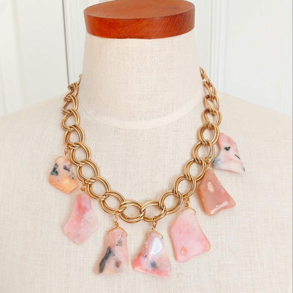 Pink Moss Peruvian Opal Gold Plated Chain Necklace